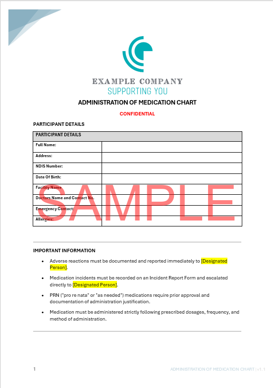 Administration of Medication Chart
