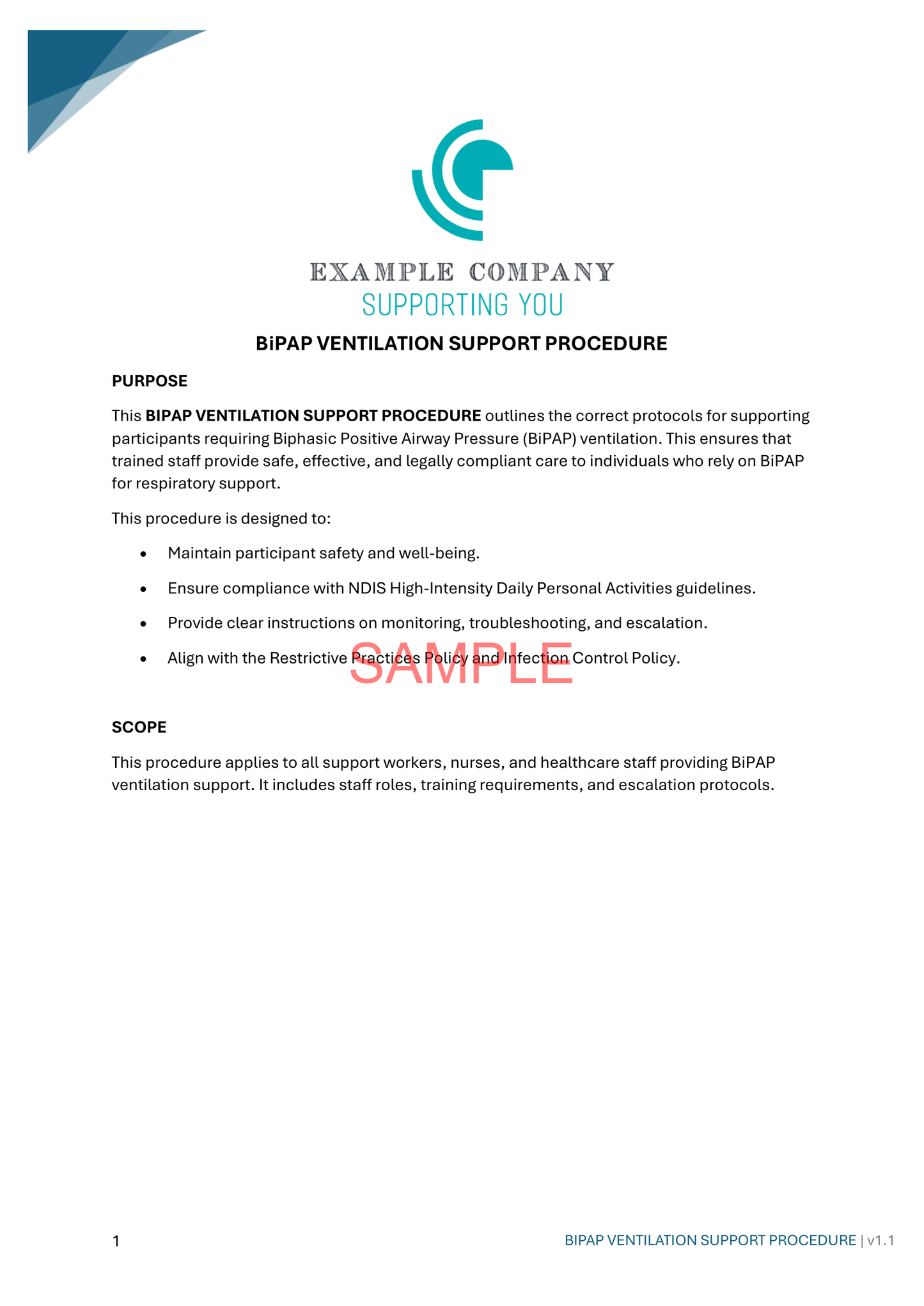 BiPAP Ventilation Support Procedure - NDIS compliance document for Independent Support Workers and Providers.