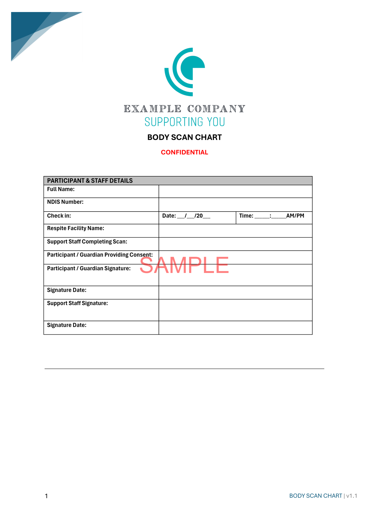 Body Scan Chart - NDIS compliance document for Independent Support Workers and Providers.