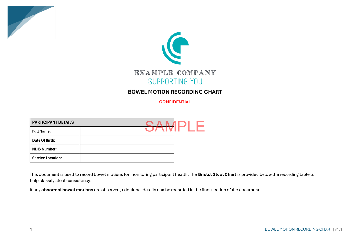 Bowel Motion Recording Chart - NDIS compliance document for Independent Support Workers and Providers.