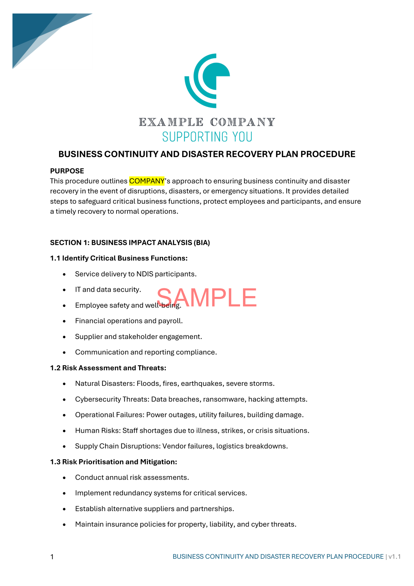Business Continuity and Disaster Recovery Plan Procedure - NDIS compliance document for Independent Support Workers and Providers.