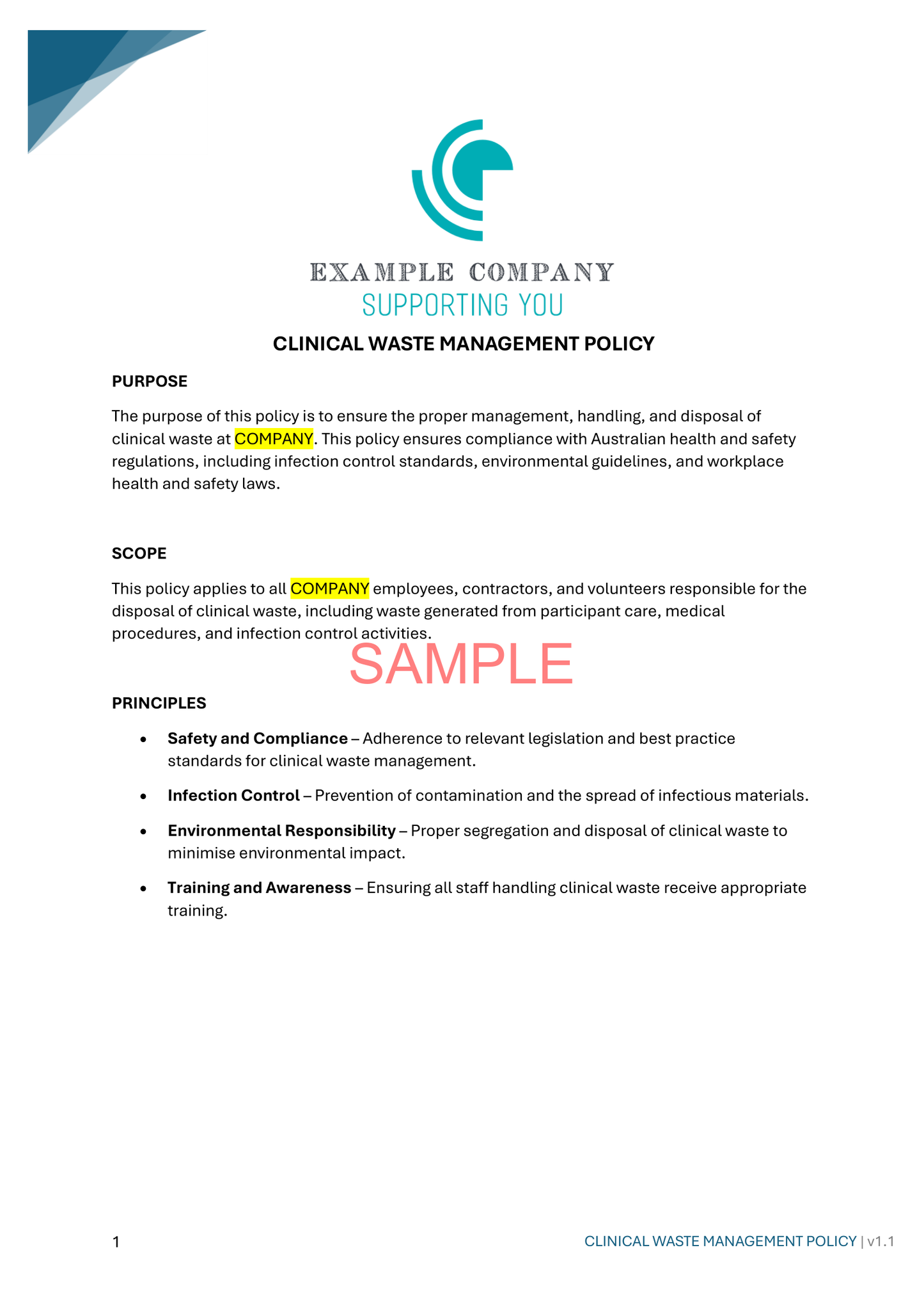 Clinical Waste Management Policy - NDIS compliance document for Independent Support Workers and Providers.