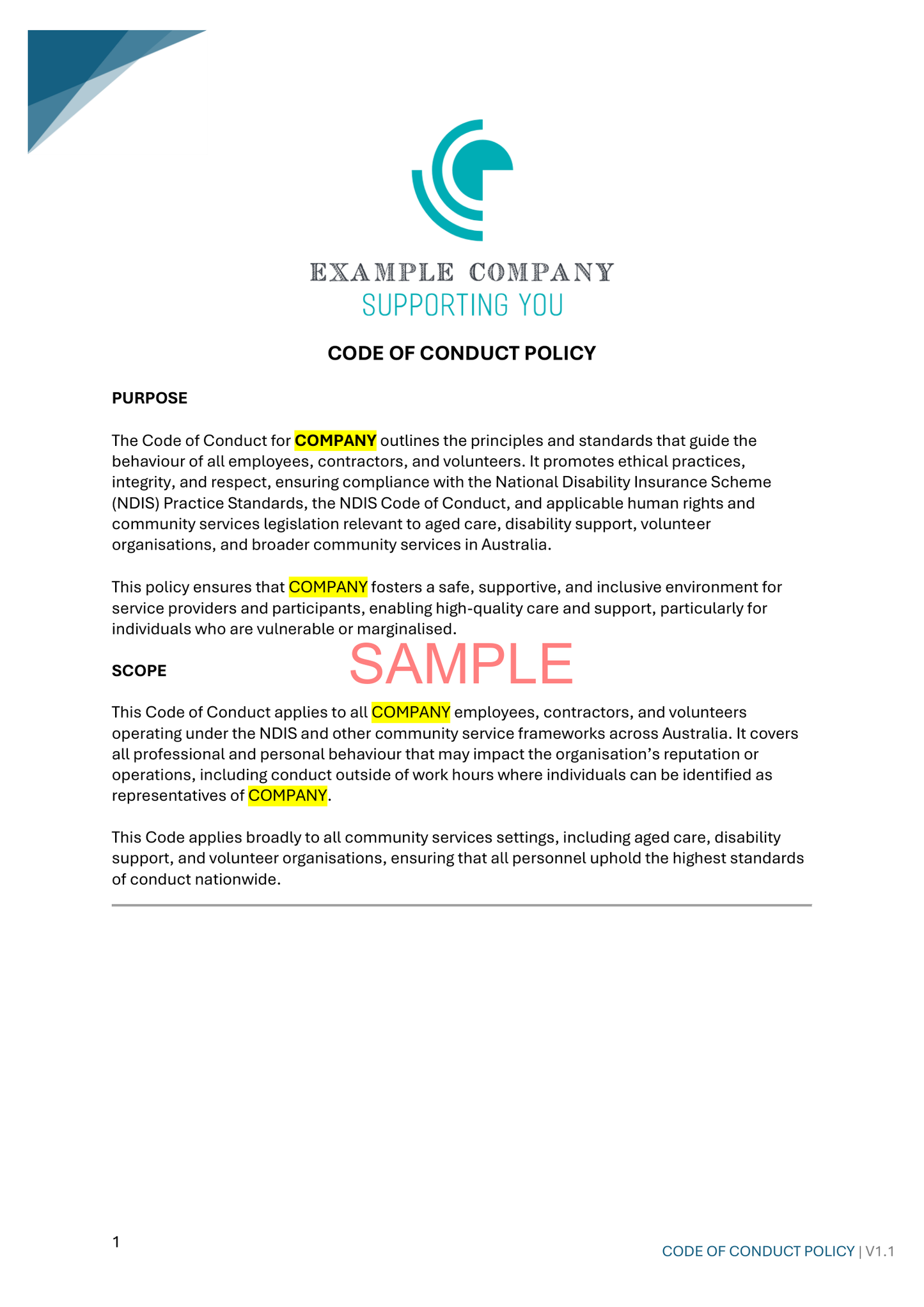 Code of Conduct Policy - ISW - NDIS compliance document for Independent Support Workers and Providers.