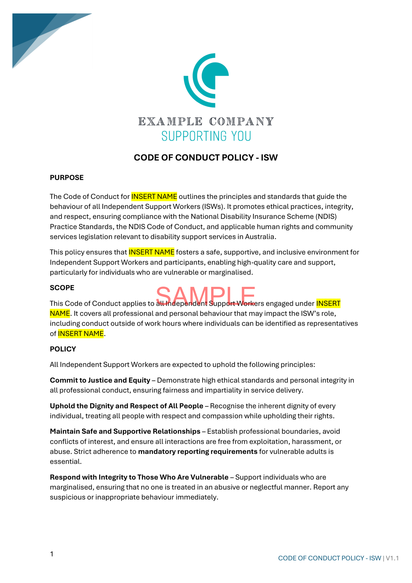 Code of Conduct Policy - NDIS compliance document for Independent Support Workers and Providers.