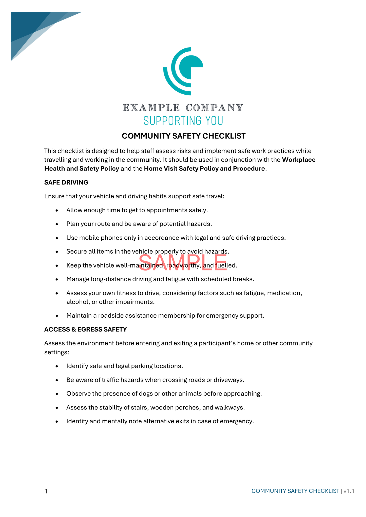 Community Safetly Checklist - NDIS compliance document for Independent Support Workers and Providers.