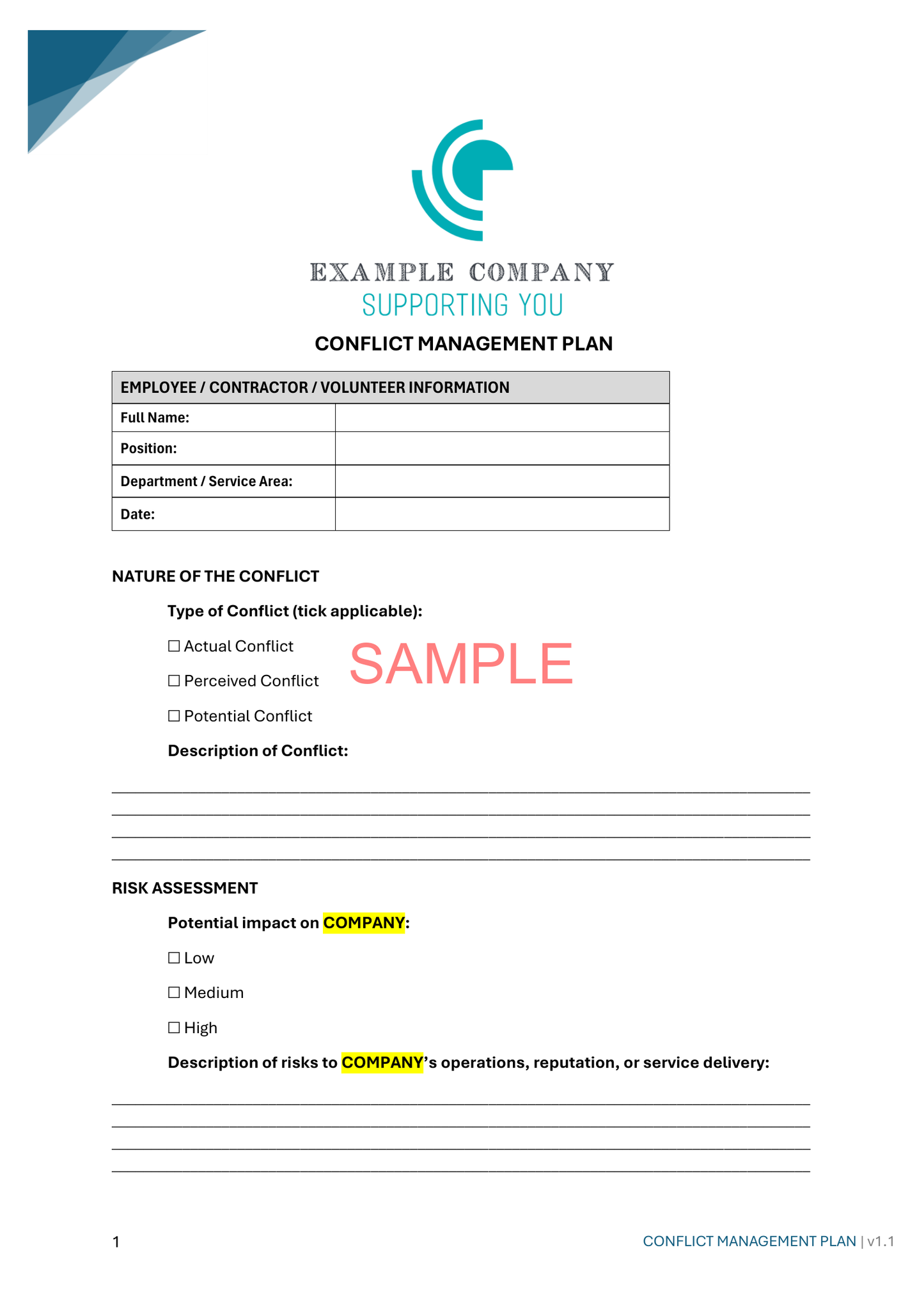 Conflict Management Plan - NDIS compliance document for Independent Support Workers and Providers.