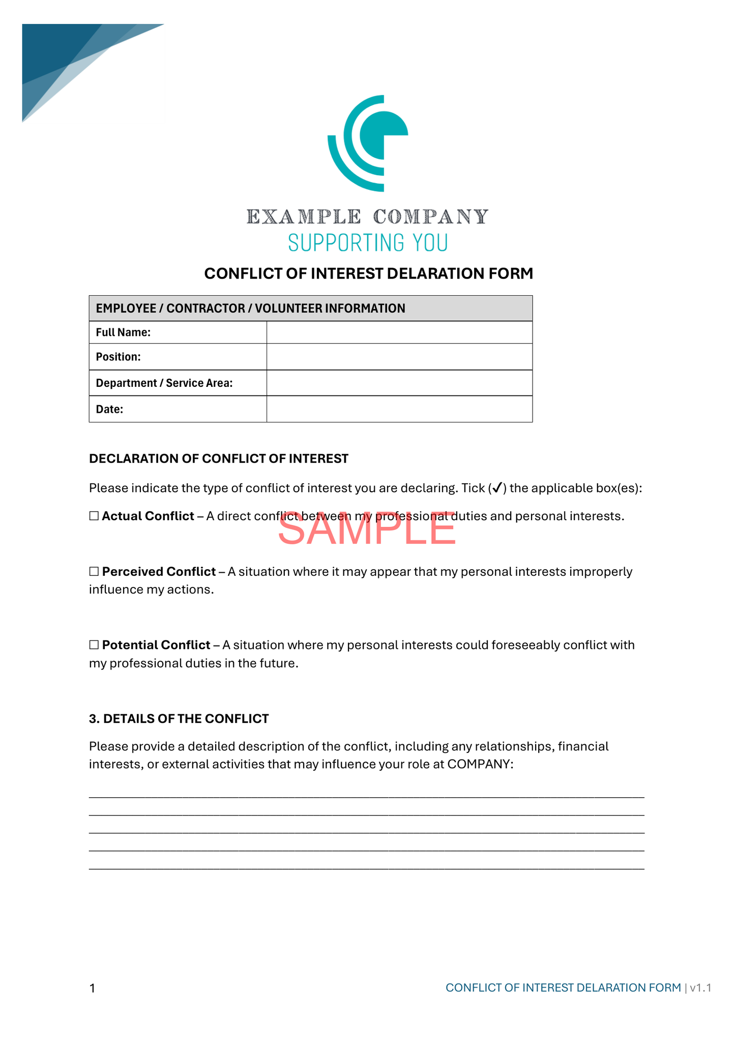 Conflict of Interest Declaration Form - NDIS compliance document for Independent Support Workers and Providers.