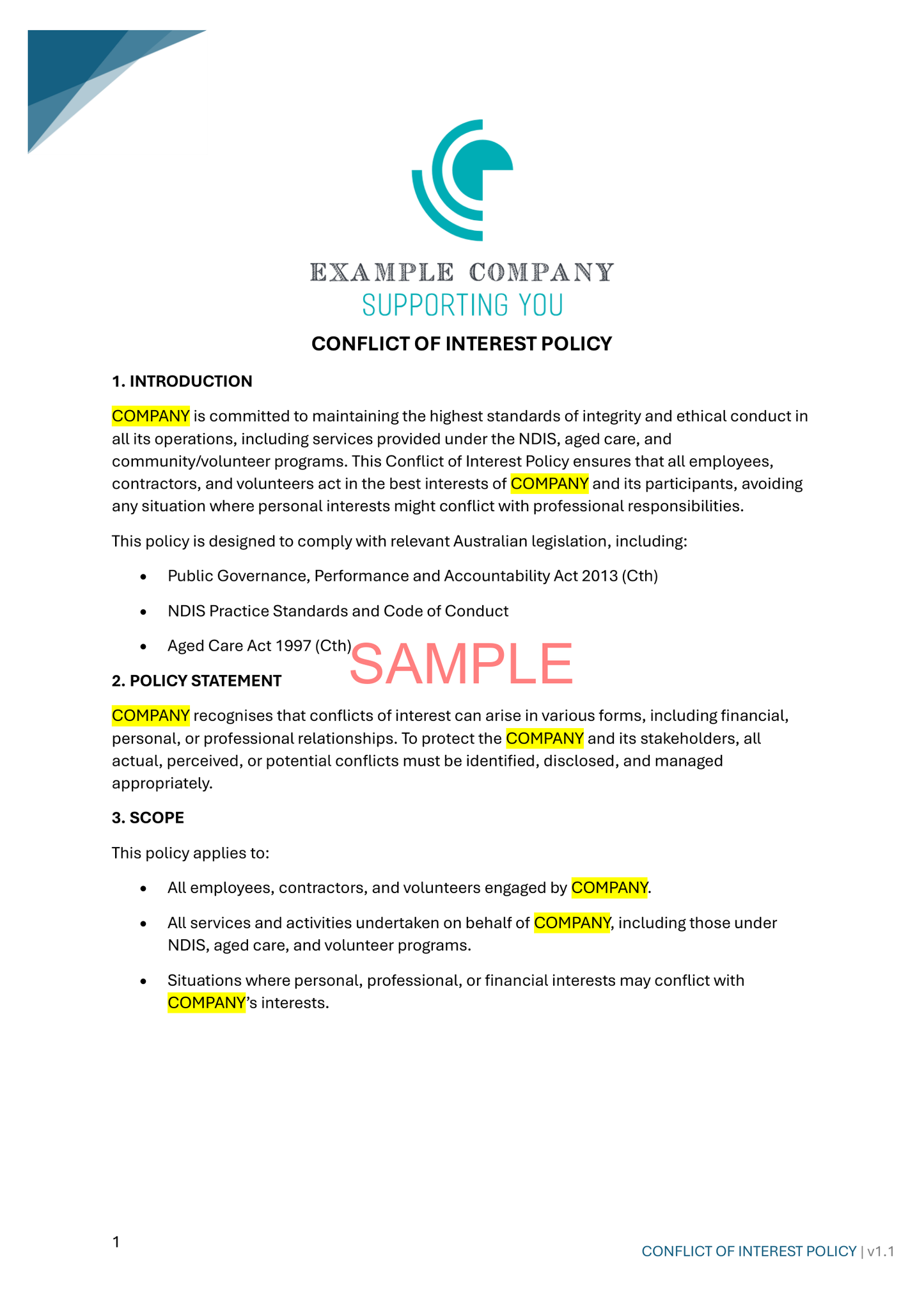 Conflict of Interest Policy - ISW - NDIS compliance document for Independent Support Workers and Providers.