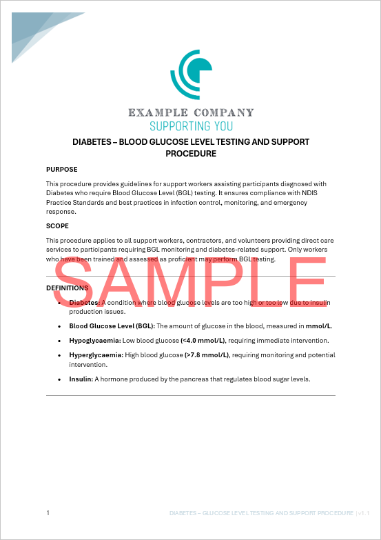 Diabetes - Blood Glucose Level Testing and Support Procedure