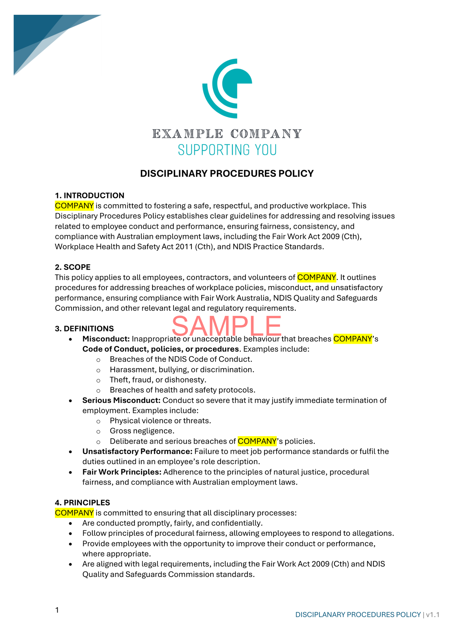 Disciplinary Procedures Policy - NDIS compliance document for Independent Support Workers and Providers.