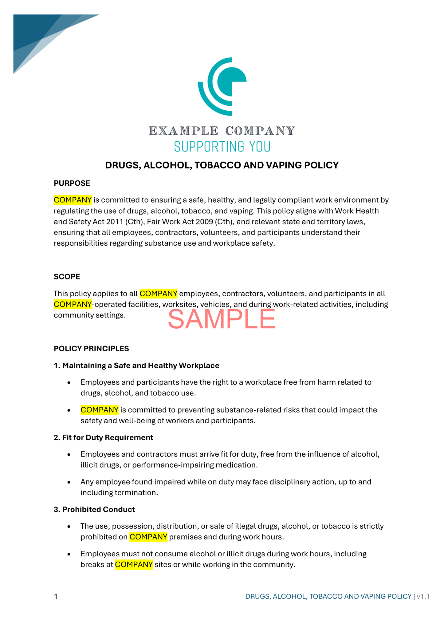 Drugs, Alcohol, Tobacco and Vaping Policy - NDIS compliance document for Independent Support Workers and Providers.