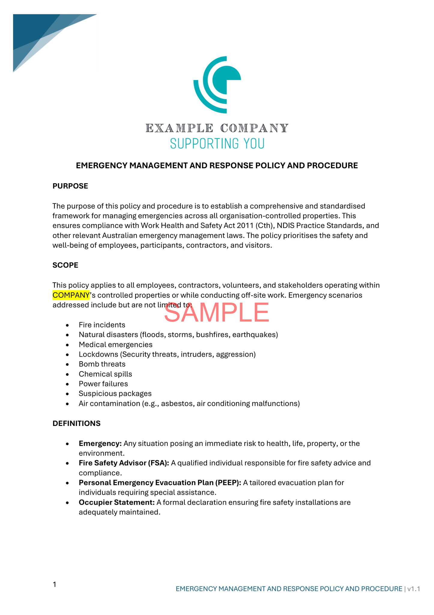 Emergency Management Response Policy and Procedure - NDIS compliance document for Independent Support Workers and Providers.