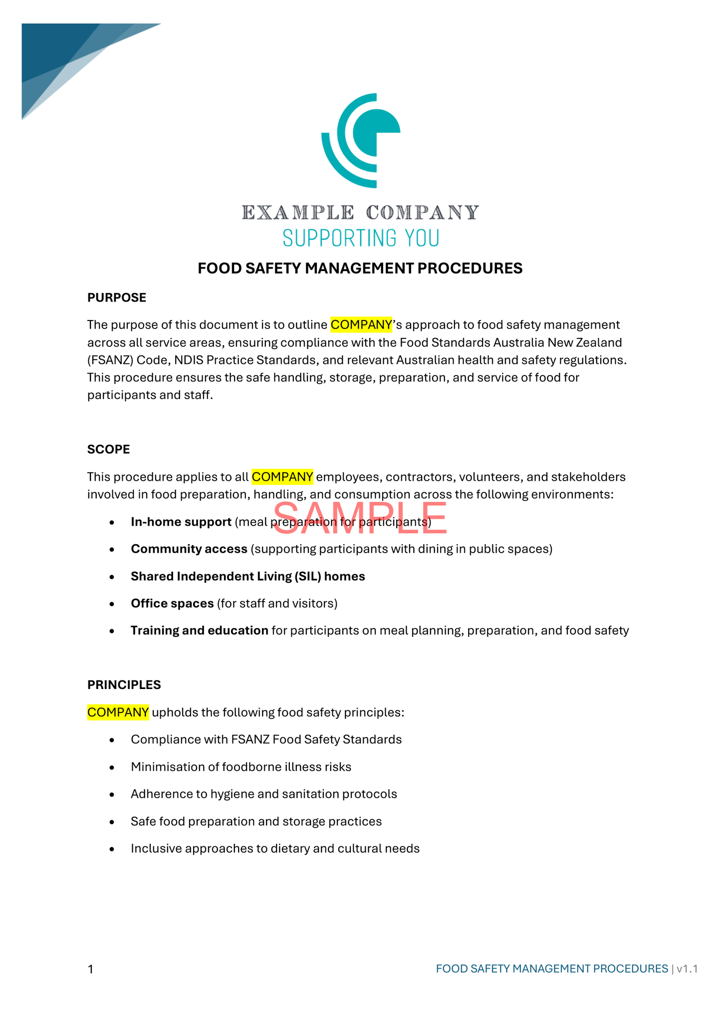 Food Safety Management Procedures - NDIS compliance document for Independent Support Workers and Providers.