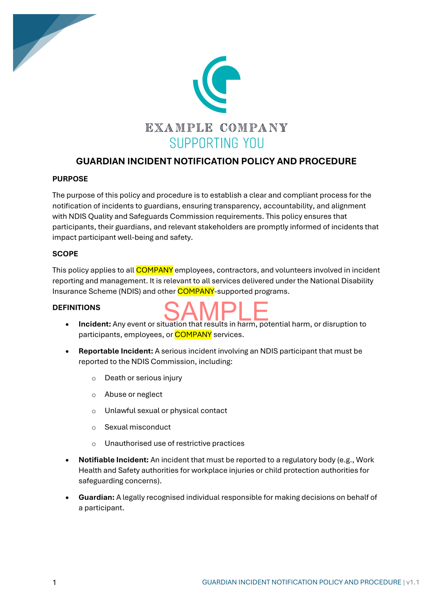 Guardian Incident Notification Policy and Procedure - NDIS compliance document for Independent Support Workers and Providers.