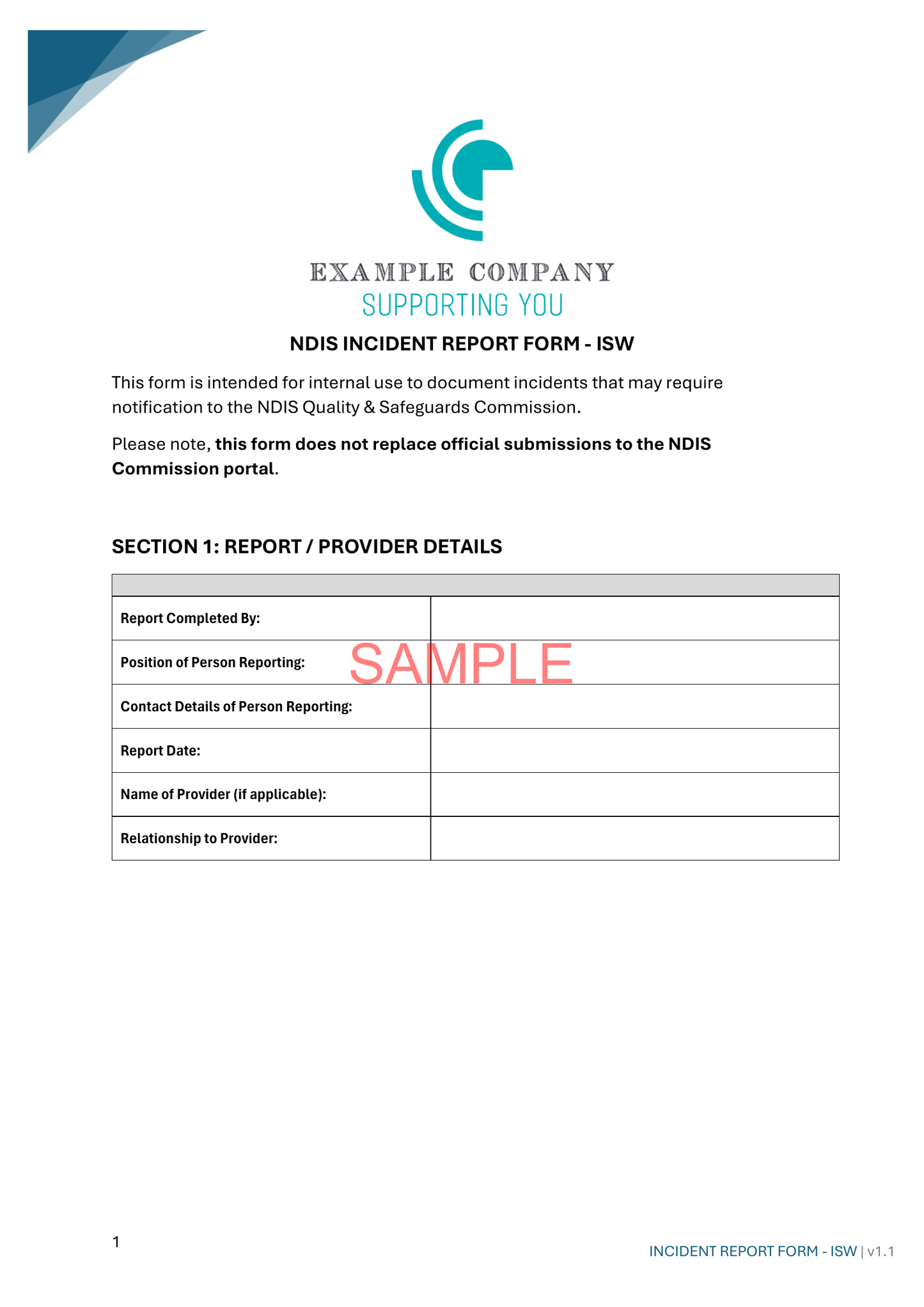 Incident Report Form - NDIS compliance document for Independent Support Workers and Providers.