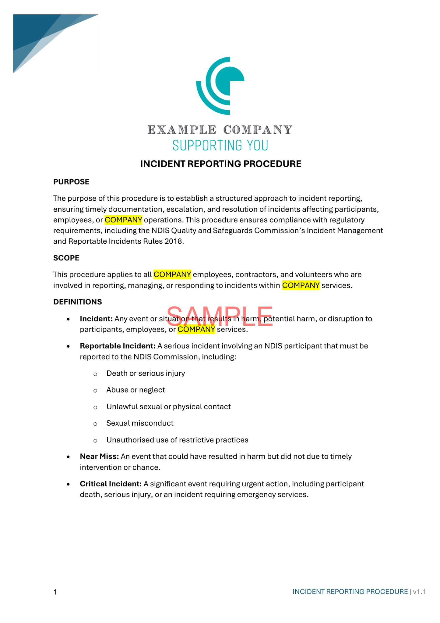 Incident Reporting Procedure - NDIS compliance document for Independent Support Workers and Providers.