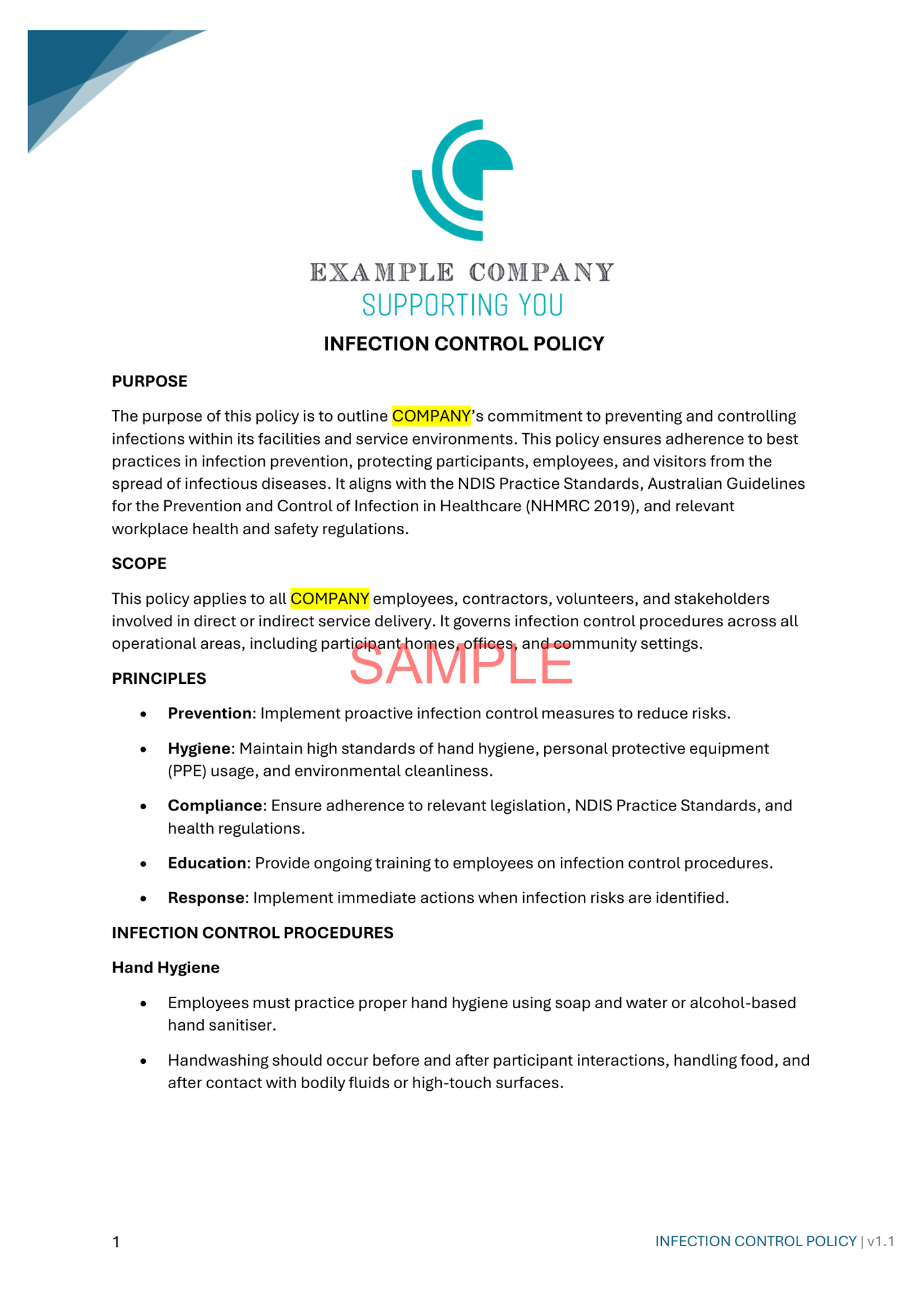 Infection Control Policy - NDIS compliance document for Independent Support Workers and Providers.
