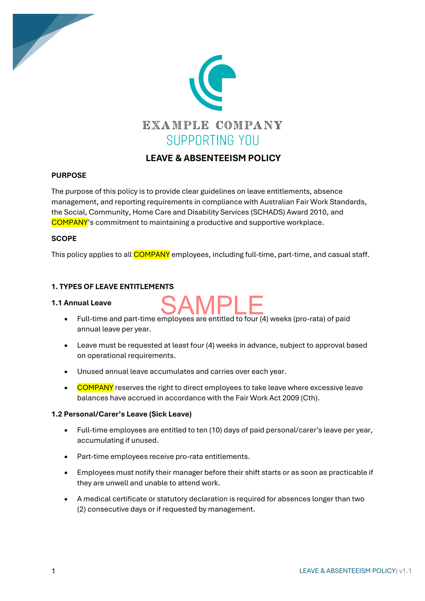 Leave & Absenteeism Policy - NDIS compliance document for Independent Support Workers and Providers.