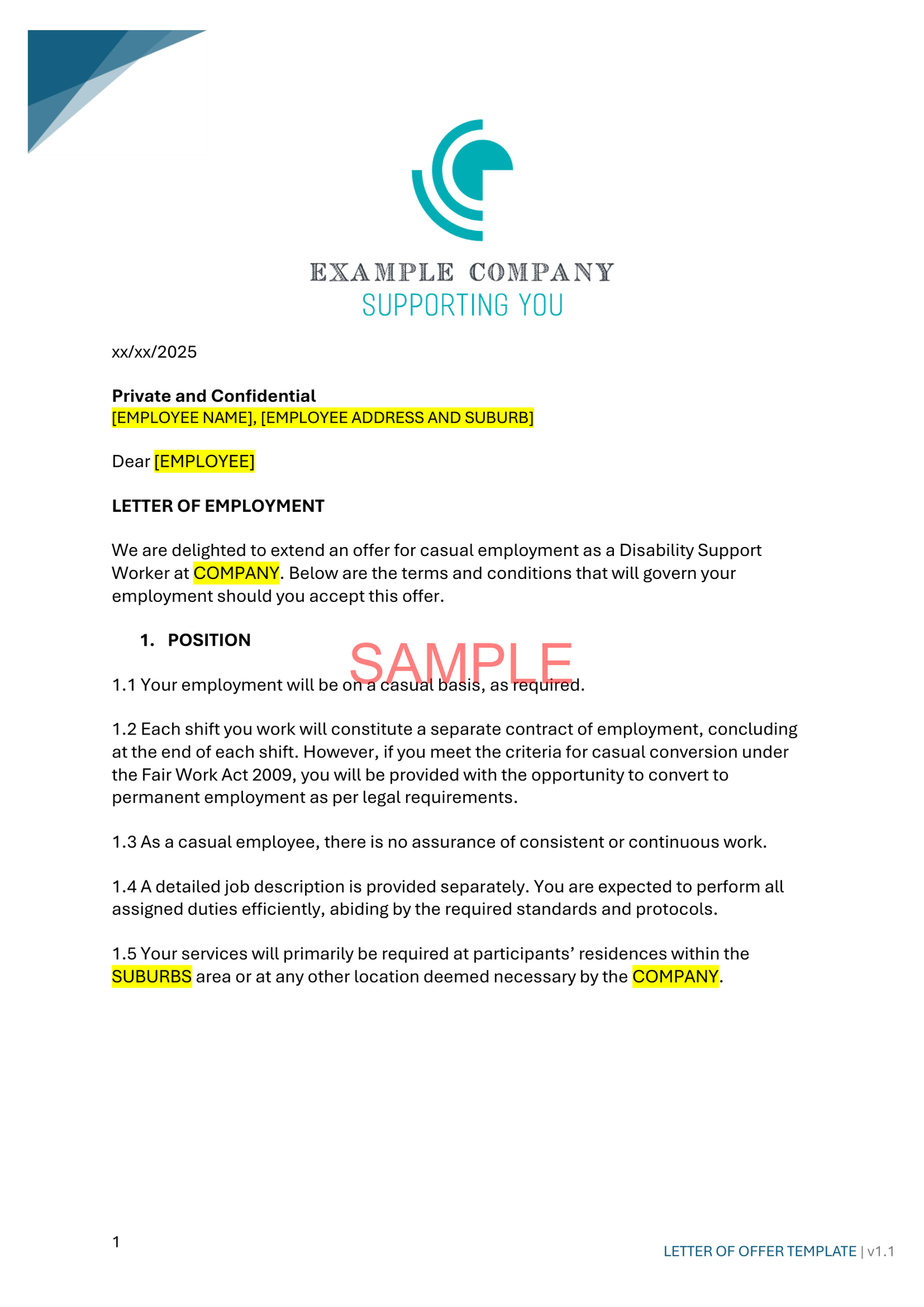 Letter of Offer - NDIS compliance document for Independent Support Workers and Providers.