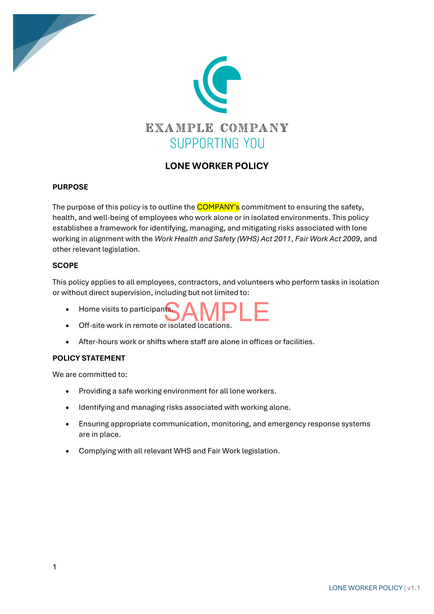 Lone Worker Policy - ISW - NDIS compliance document for Independent Support Workers and Providers.