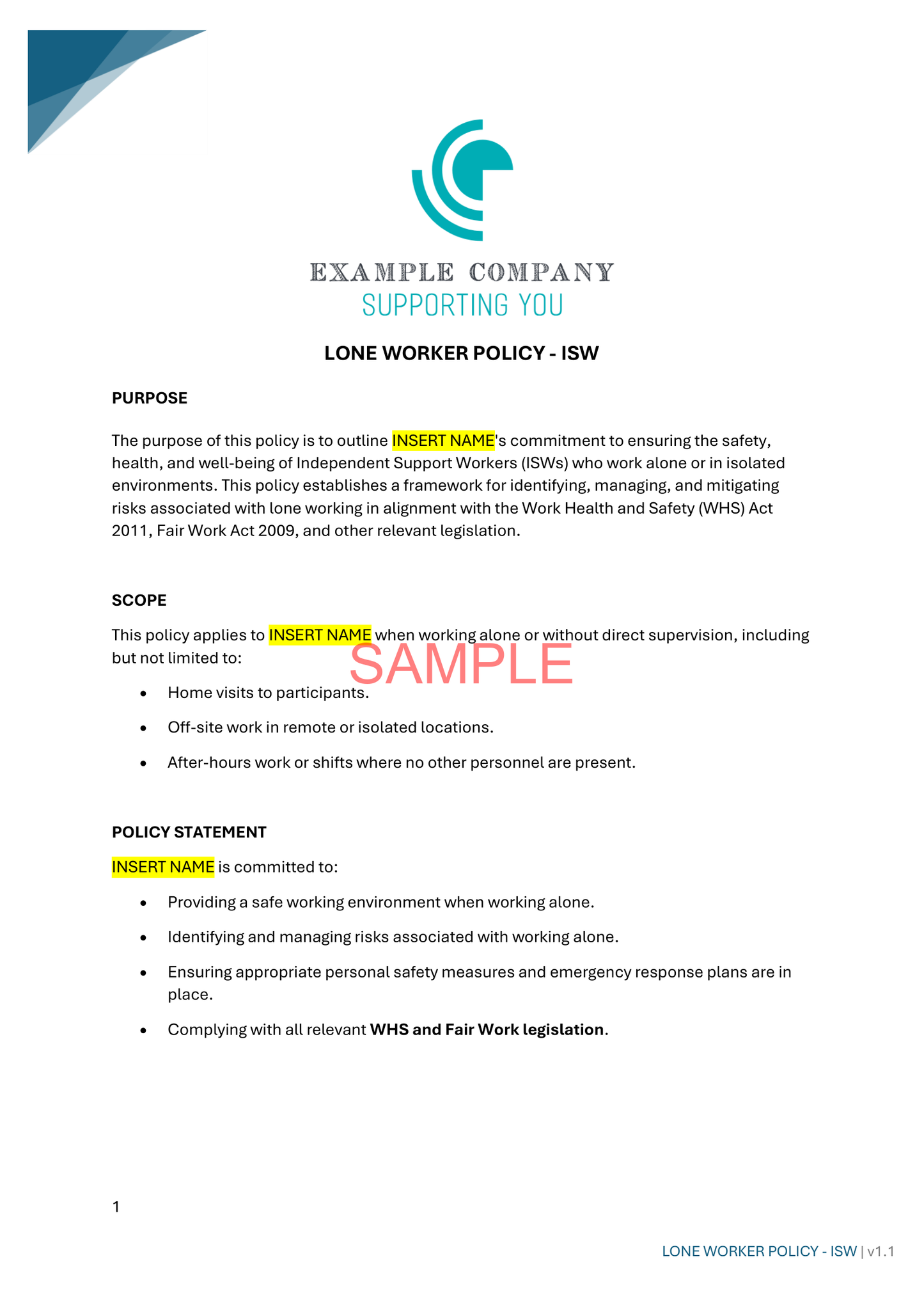 Lone Worker Policy - NDIS compliance document for Independent Support Workers and Providers.