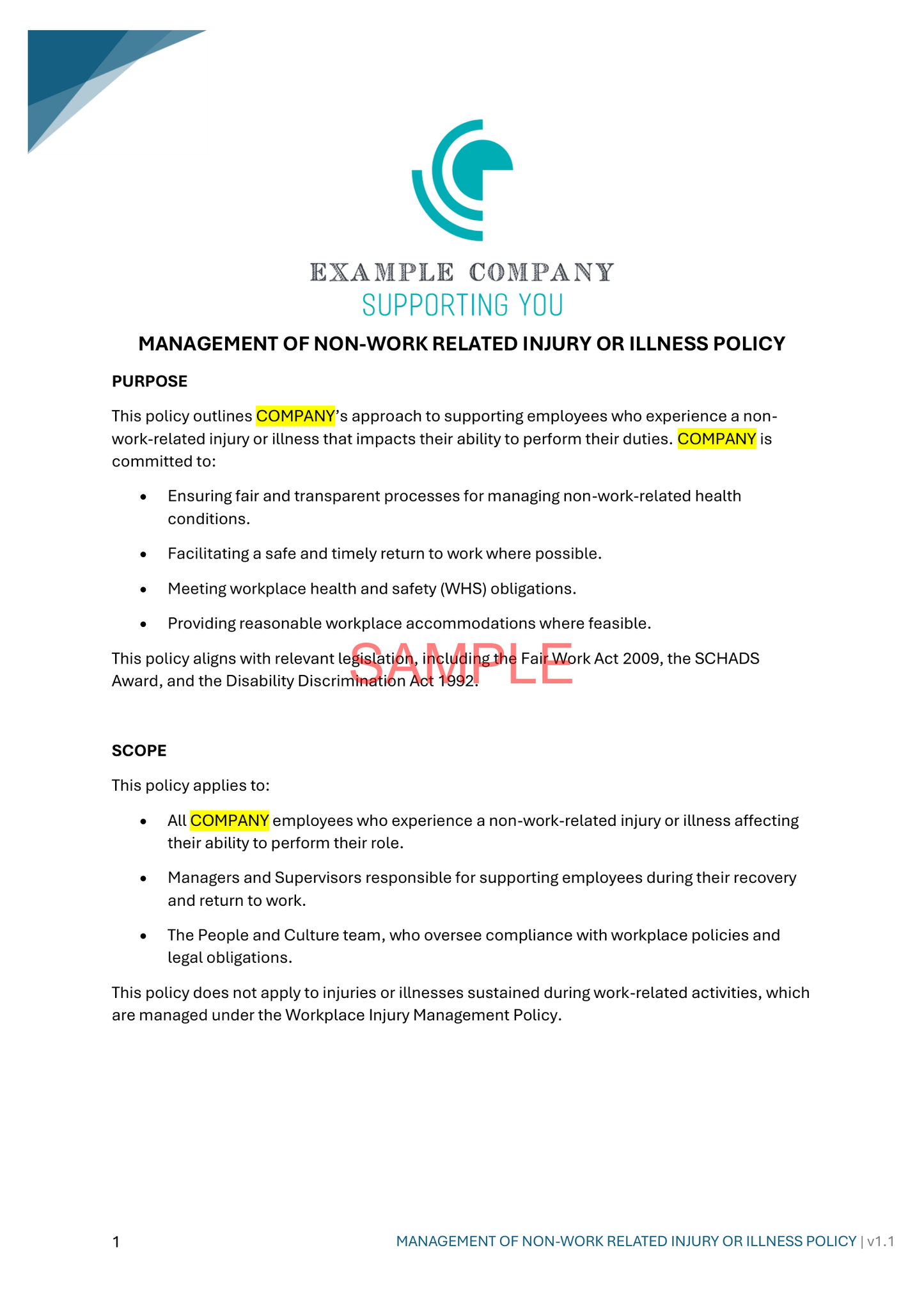 Management of Non-Work Related Injury or Illness Policy - NDIS compliance document for Independent Support Workers and Providers.