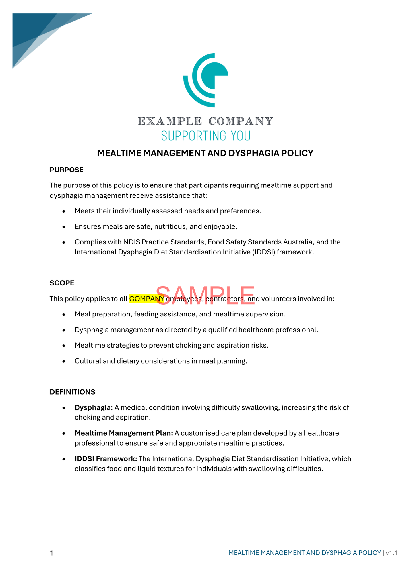 Mealtime Management and Dysphagia Policy - NDIS compliance document for Independent Support Workers and Providers.