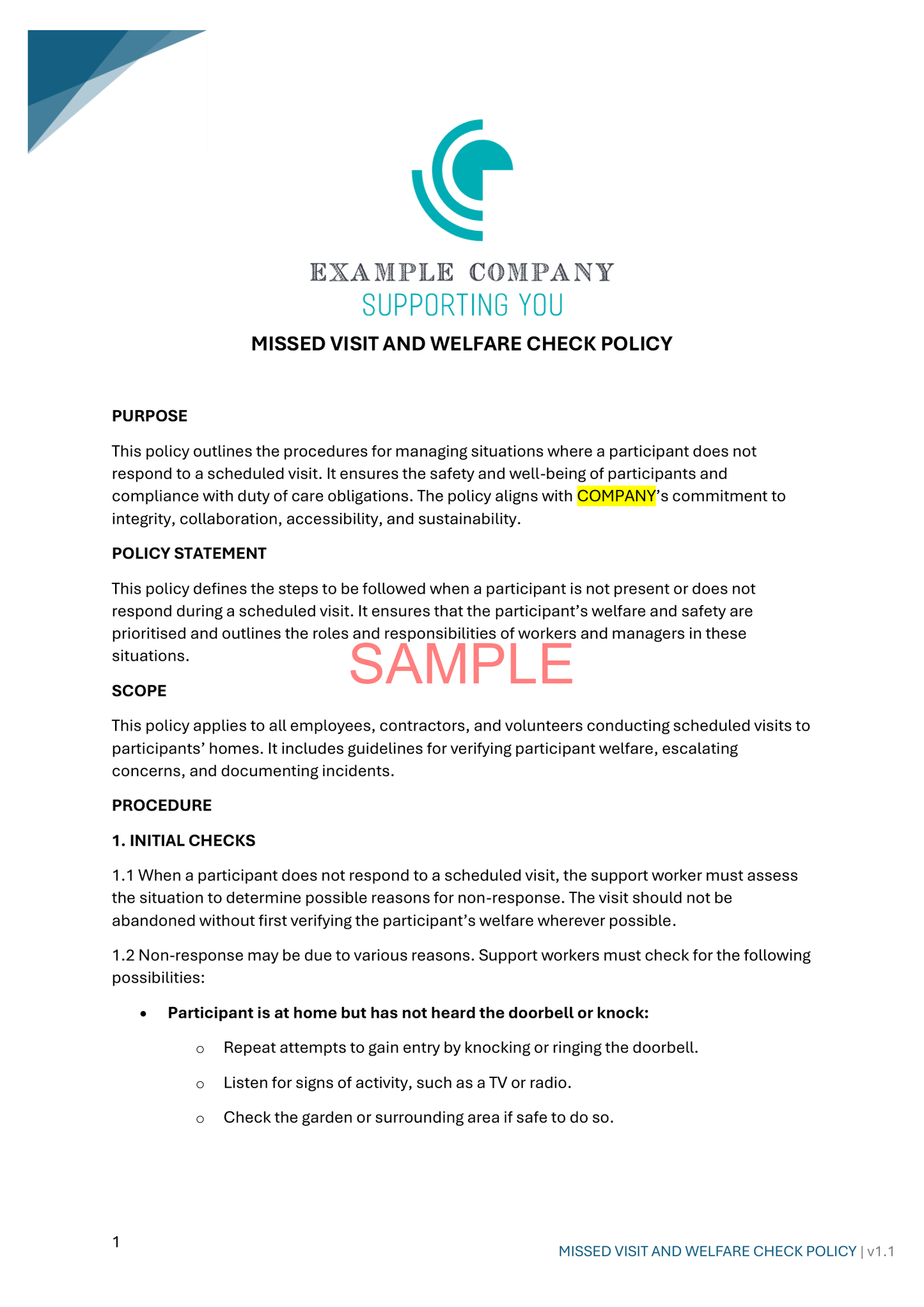 Missed Visit and Welfare Check Policy - NDIS compliance document for Independent Support Workers and Providers.