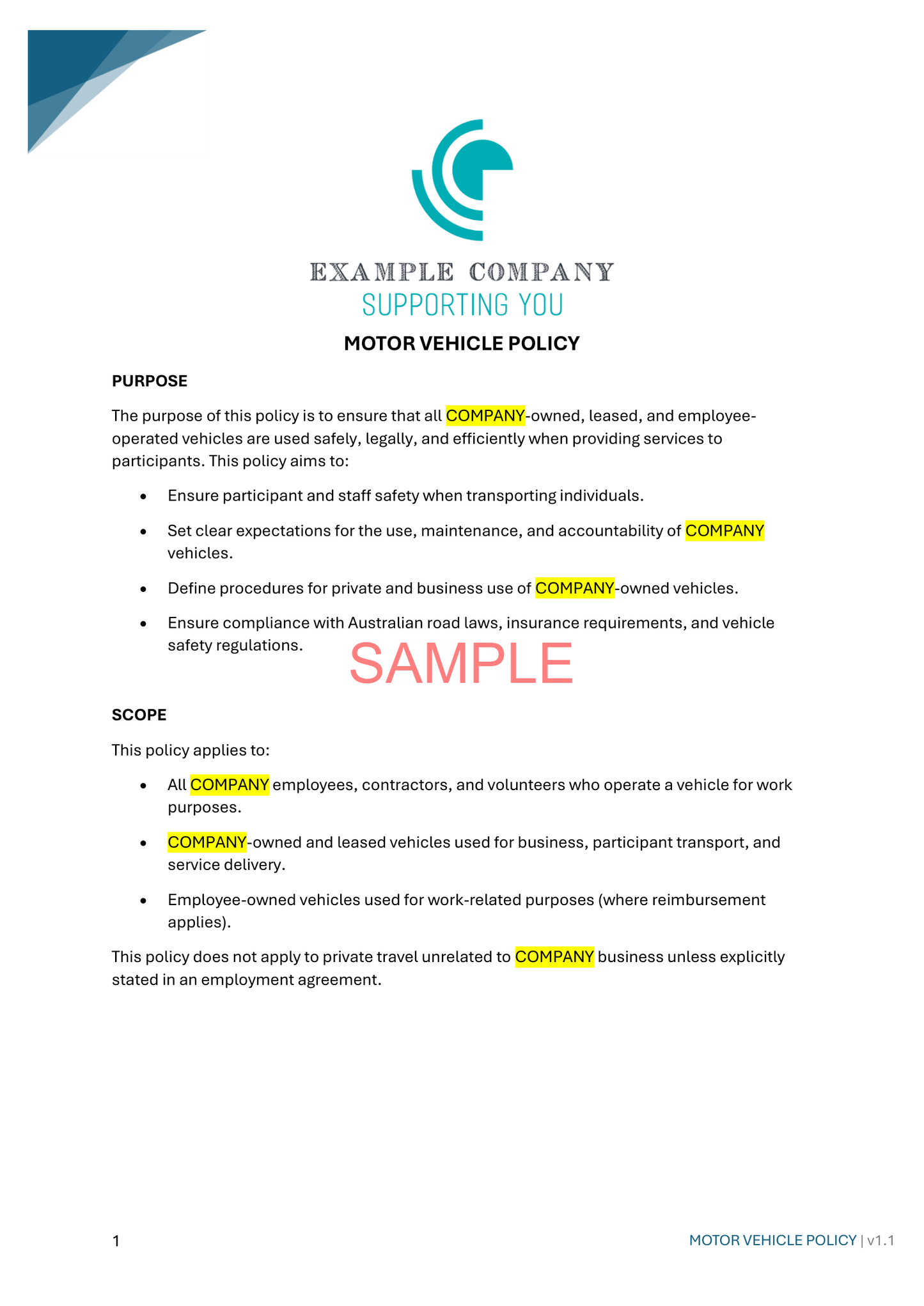 Motor Vehicle Policy - NDIS compliance document for Independent Support Workers and Providers.