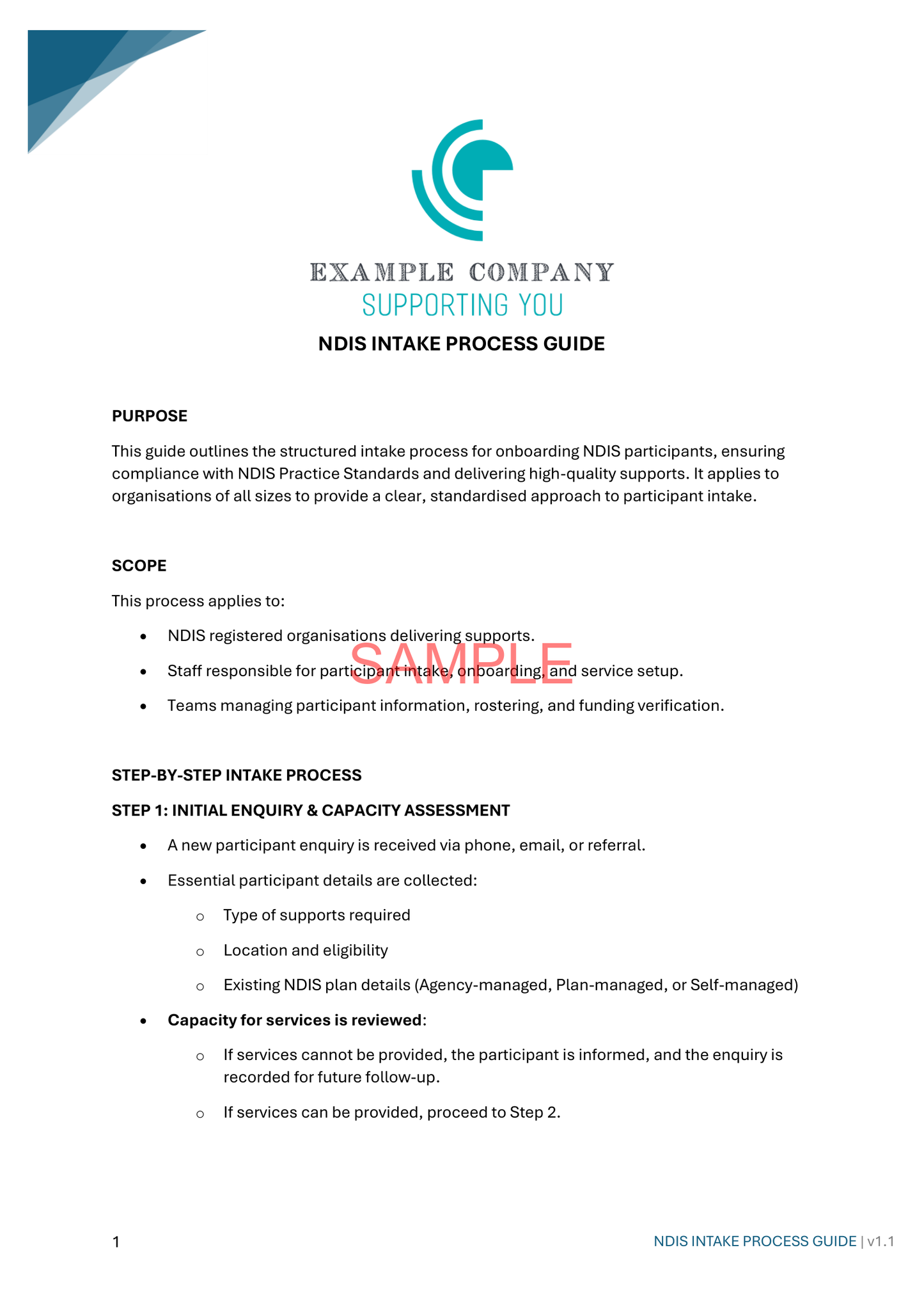 NDIS Intake Process Guide - NDIS compliance document for Independent Support Workers and Providers.