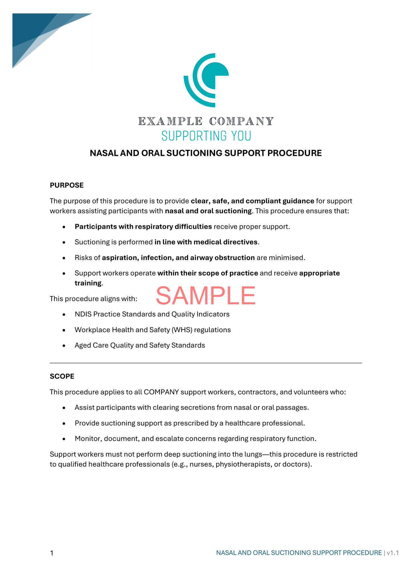 Nasal and Oral Suctioning Support Procedure - NDIS compliance document for Independent Support Workers and Providers.