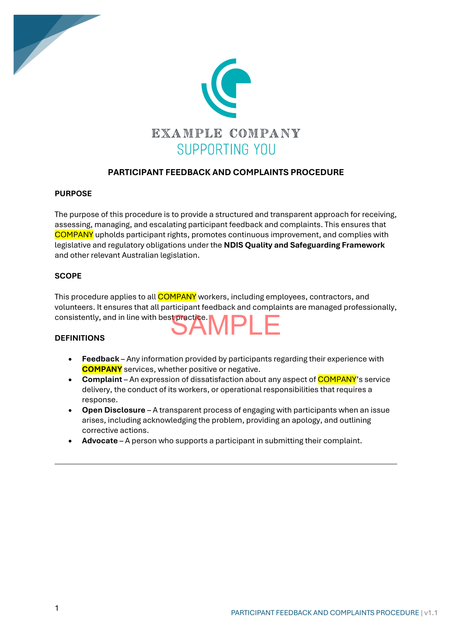 Participant Feedback and Complaints Procedure - ISW - NDIS compliance document for Independent Support Workers and Providers.