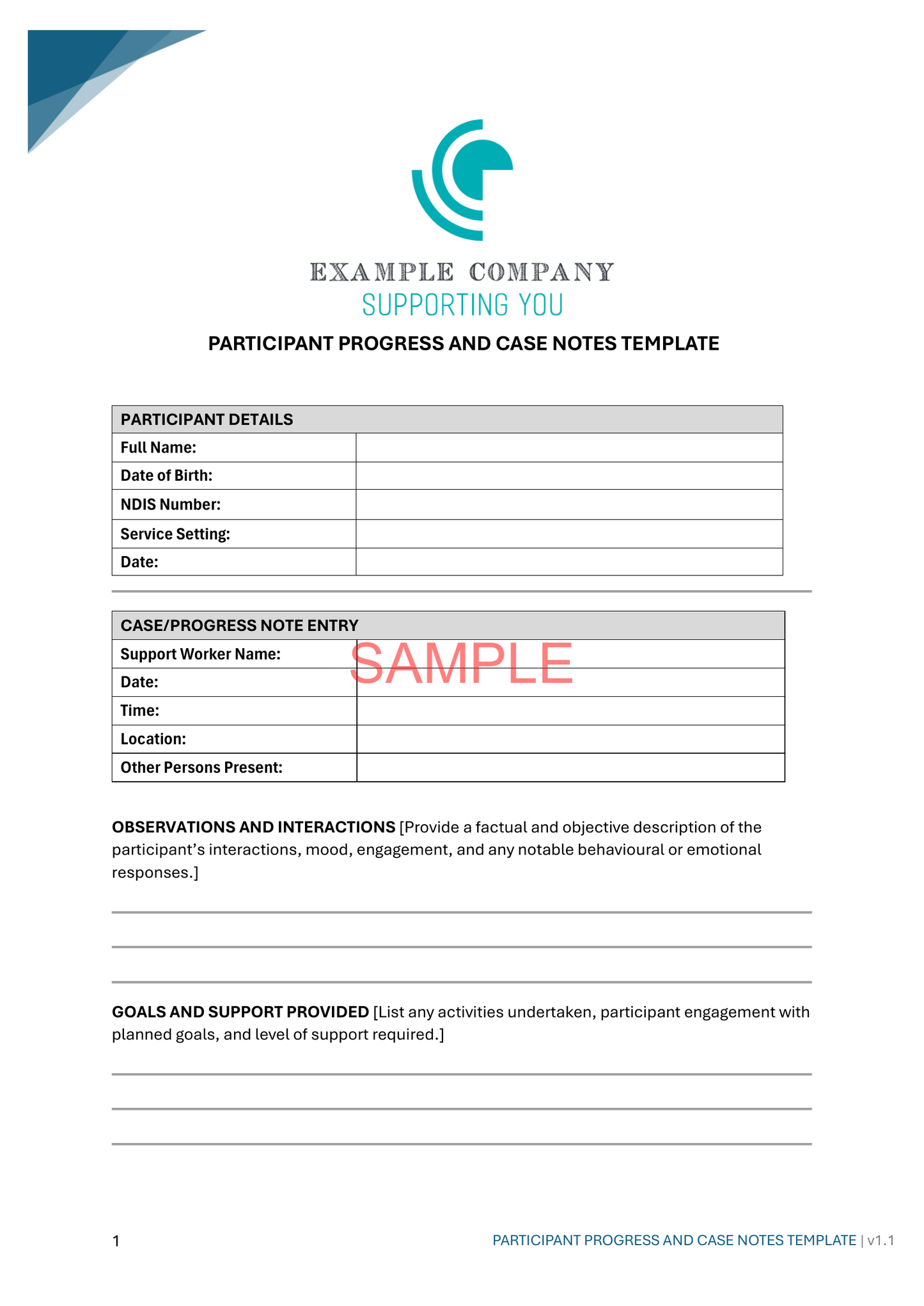 Participant Progress and Case Notes Template - NDIS compliance document for Independent Support Workers and Providers.