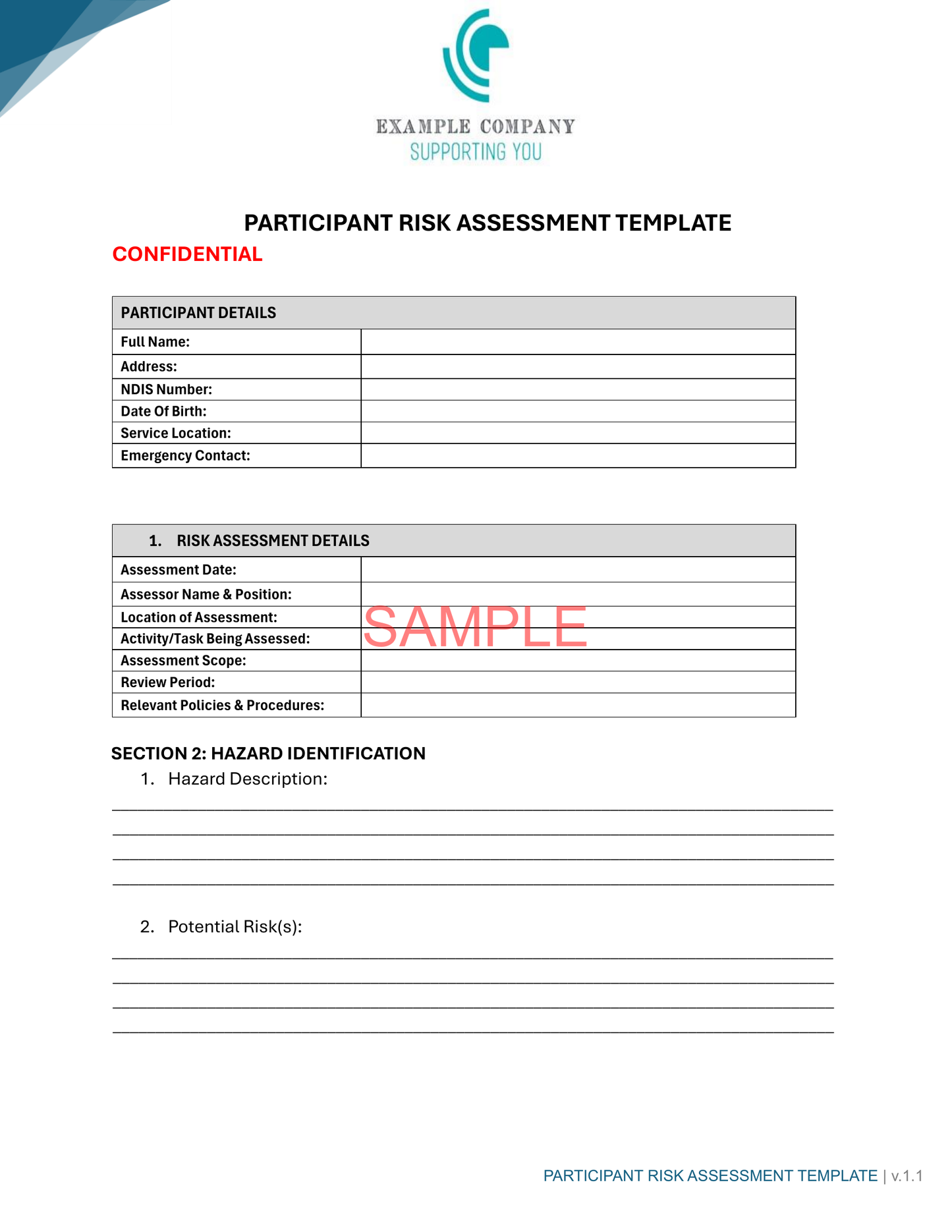 Participant Risk Assessment Template - NDIS compliance document for Independent Support Workers and Providers.
