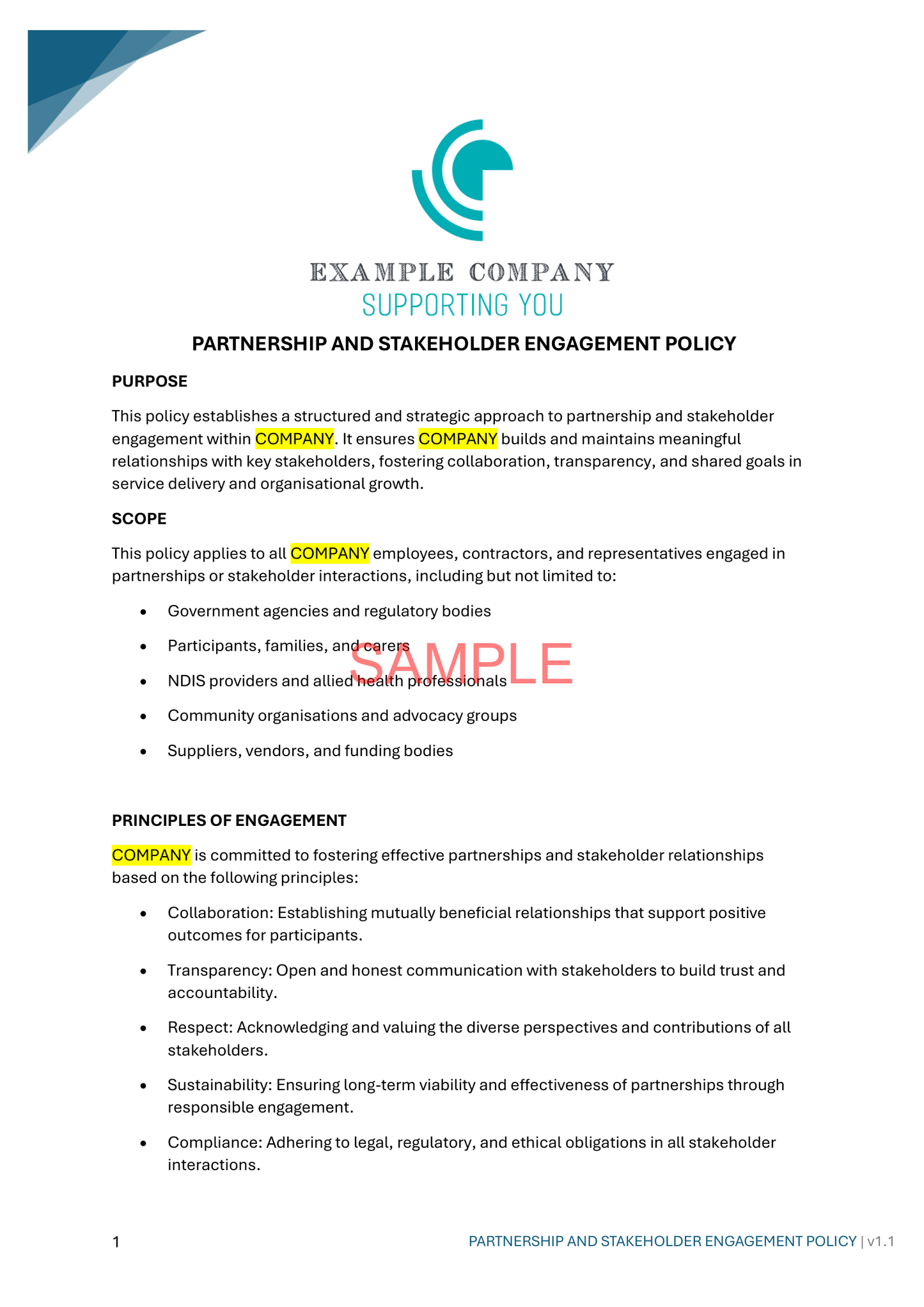 Partnership and Stakeholder Engagement Policy - NDIS compliance document for Independent Support Workers and Providers.