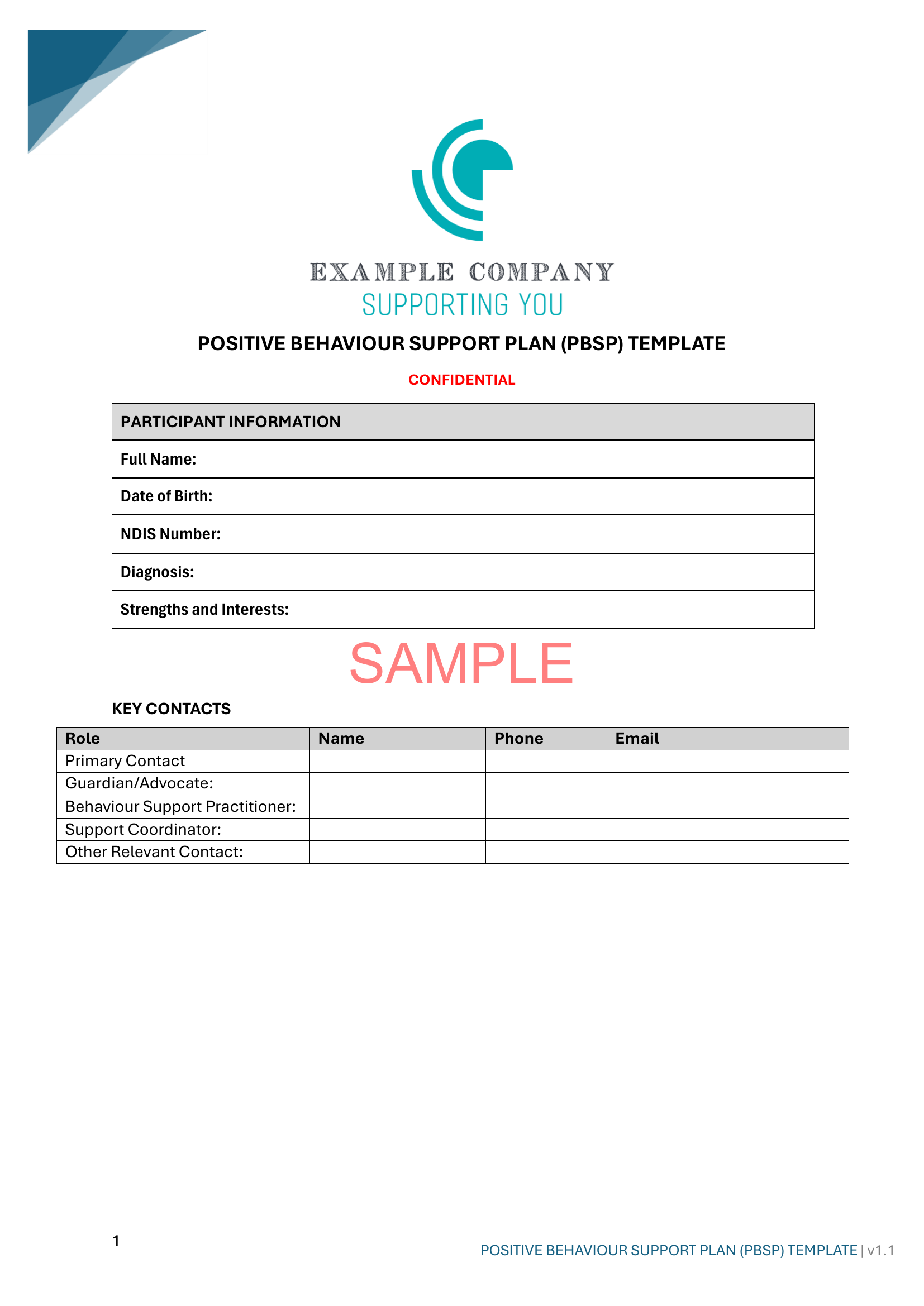 Positive Behaviour Support Plan Template NDIS Compliance Document for