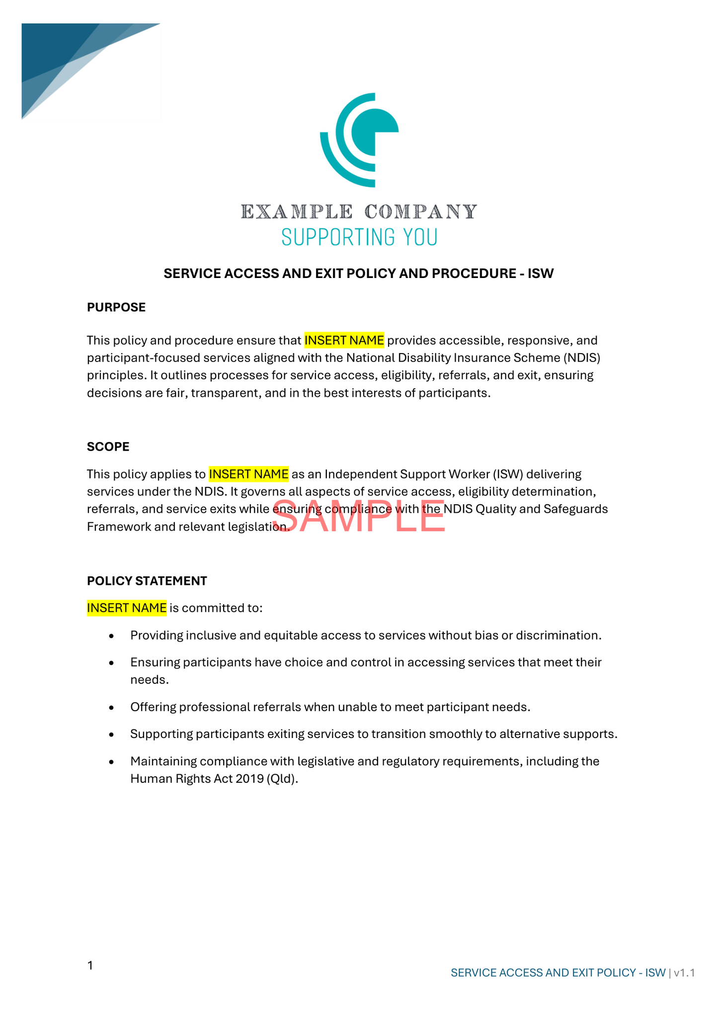 Service Access and Exit Policy - NDIS compliance document for Independent Support Workers and Providers.