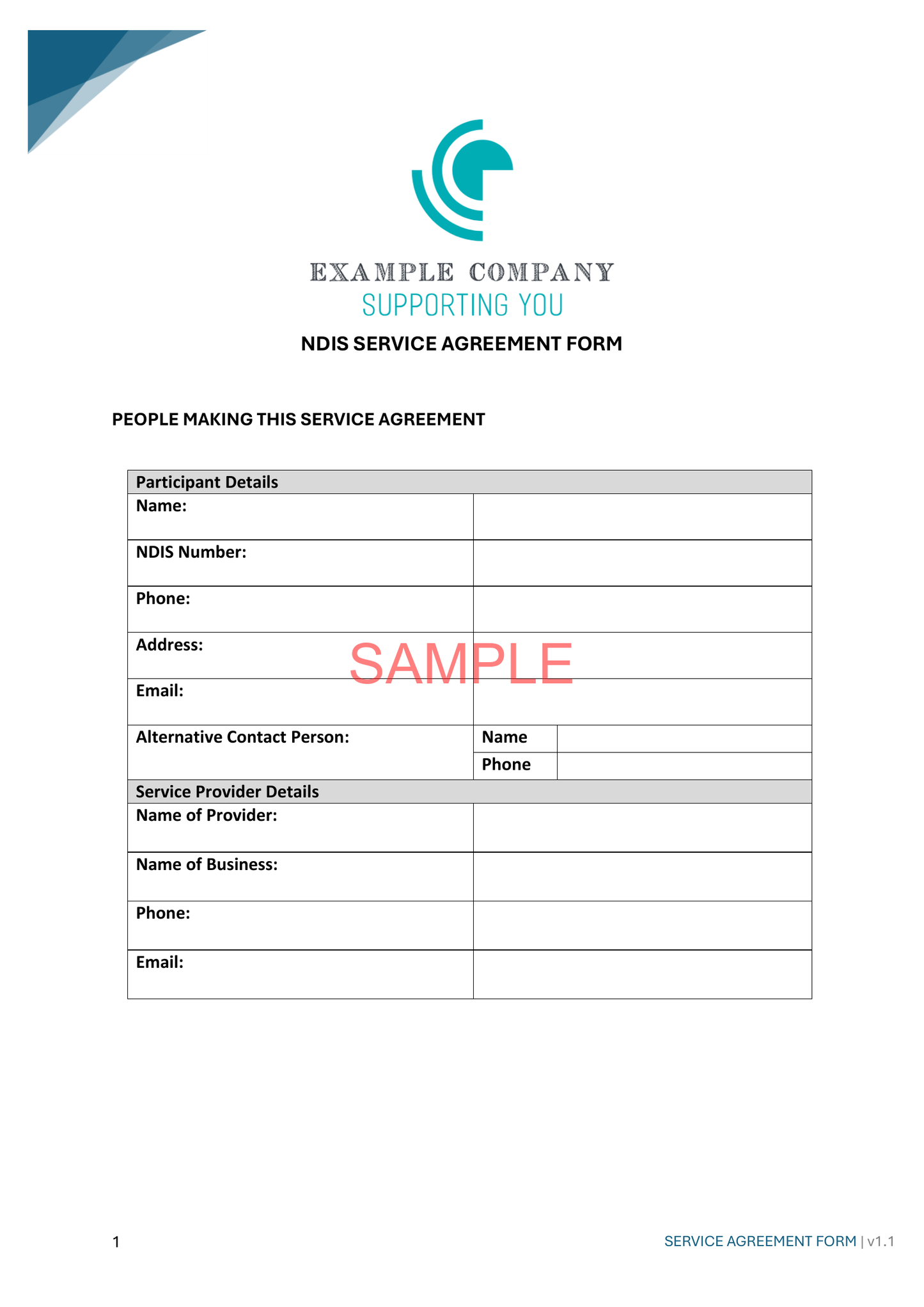 Service Agreement Form - NDIS compliance document for Independent Support Workers and Providers.