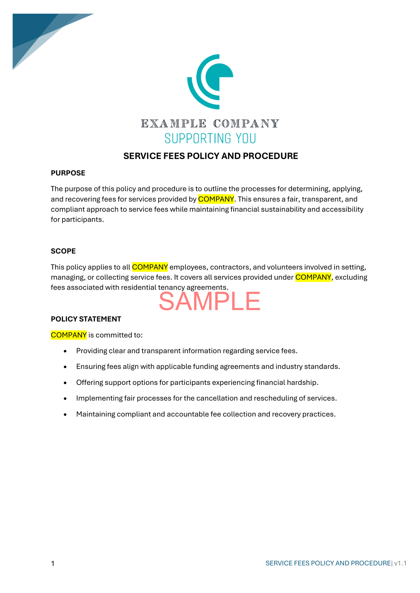 Service Fees Policy and Procedure - NDIS compliance document for Independent Support Workers and Providers.
