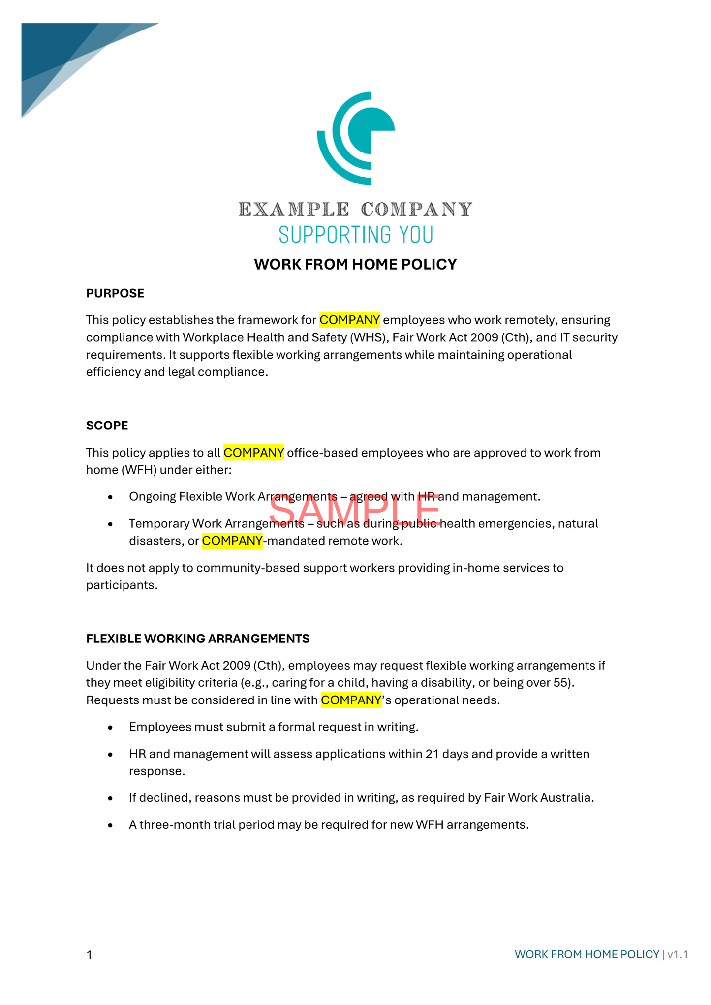 Work From Home Policy - NDIS compliance document for Independent Support Workers and Providers.