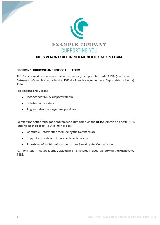 NDIS Reportable Incident Notification Form