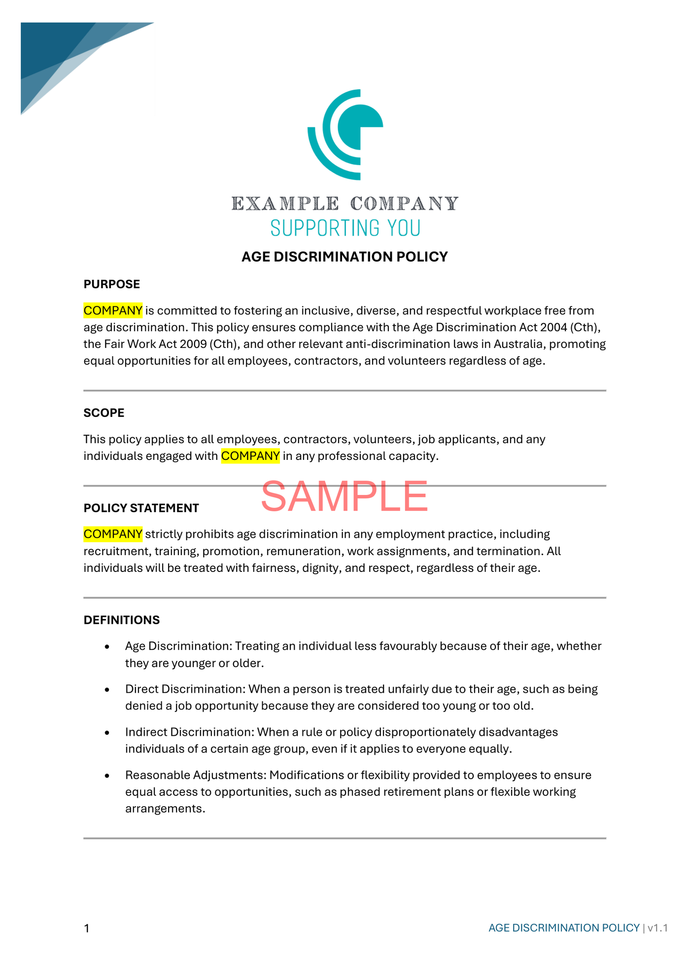 Age Discrimination Policy - NDIS compliance document for Independent Support Workers and Providers.
