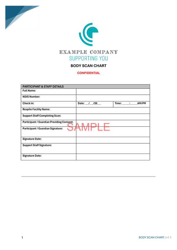 Body Scan Chart - NDIS compliance document for Independent Support Workers and Providers.