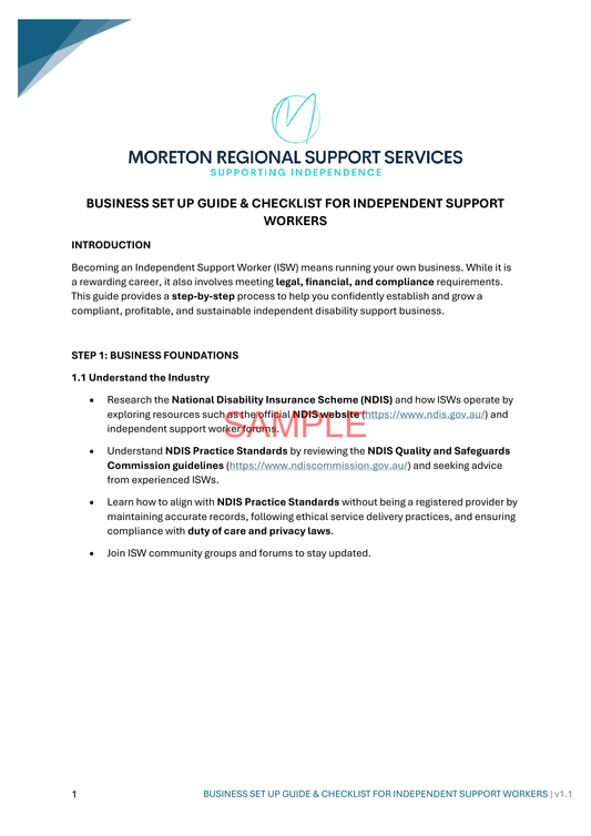 Business Set Up Guide & Checklist For Independent Support Workers - NDIS compliance document for Independent Support Workers and Providers.