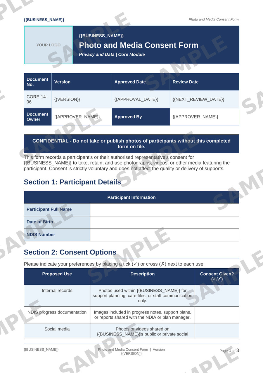 Photo and Media Consent Form sample page preview