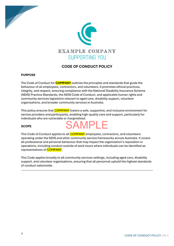 Code of Conduct Policy - ISW - NDIS compliance document for Independent Support Workers and Providers.