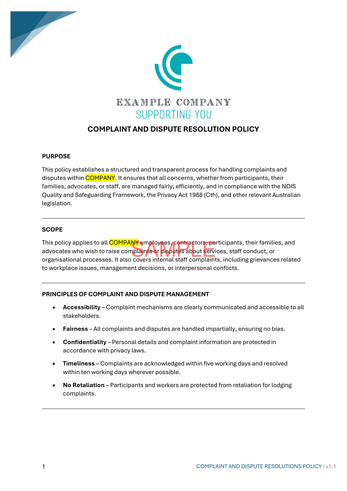 Complaint and Dispute Resolution Policy - NDIS compliance document for Independent Support Workers and Providers.