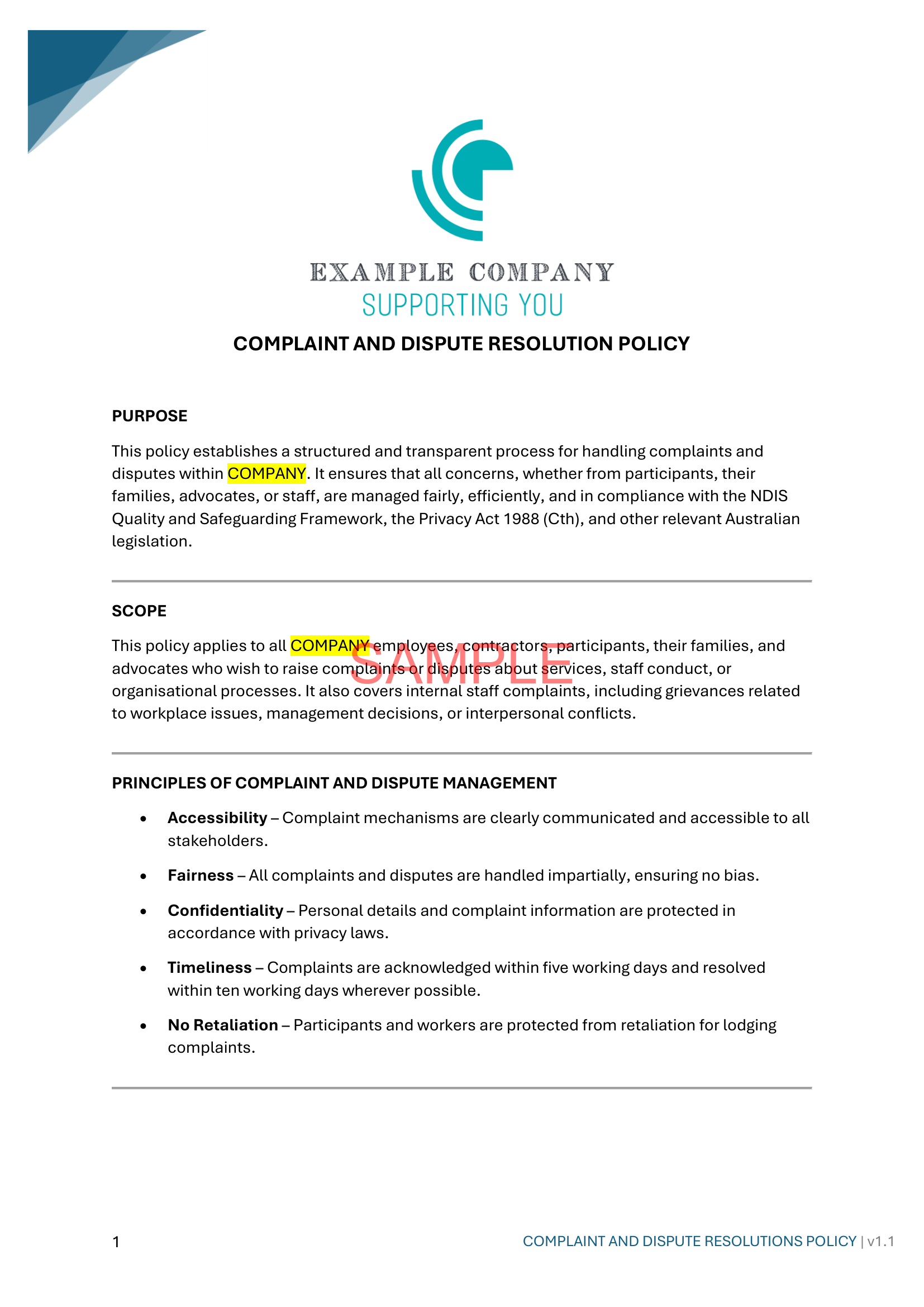 Complaint and Dispute Resolution Policy - NDIS compliance document for Independent Support Workers and Providers.