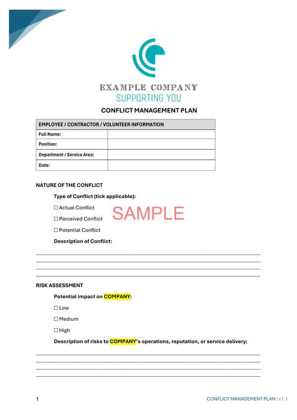 Conflict Management Plan - NDIS compliance document for Independent Support Workers and Providers.