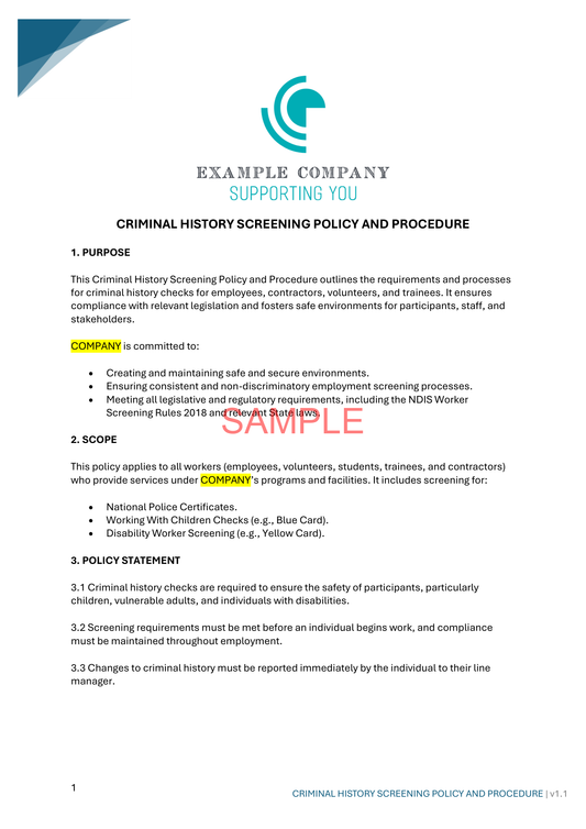 Criminal History Screening Policy and Procedure - NDIS compliance document for Independent Support Workers and Providers.